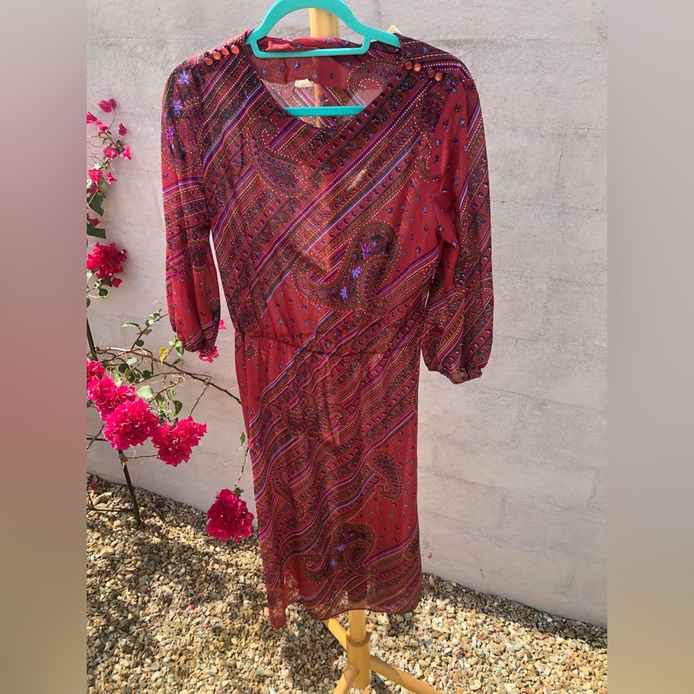 Vintage 70s sheer boho paisley dress with button detail cinched three quarter - Picture 15 of 16